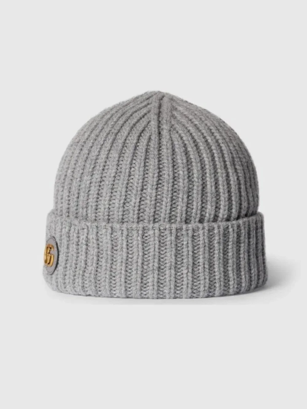 GUCCI HAT GRAY WOOL CASHMERE RIB KNIT LOGO PATCH BEANIE M / MEDIUM / 57CM
